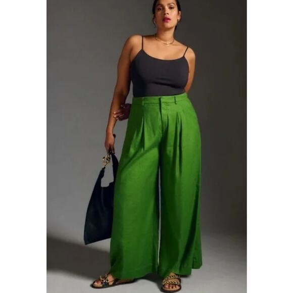 Maeve Pants Womens 0 The Avery Pleated Wide Leg Trousers Green Linen Blend Work - Picture 2 of 15